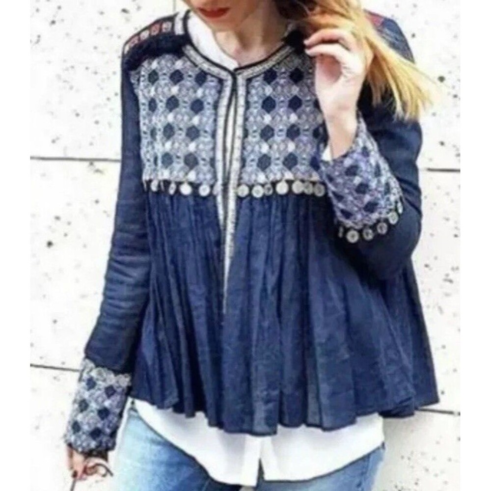 Zara TRF Boho Coin jacket With Embroidery Size L Navy Blue Festival